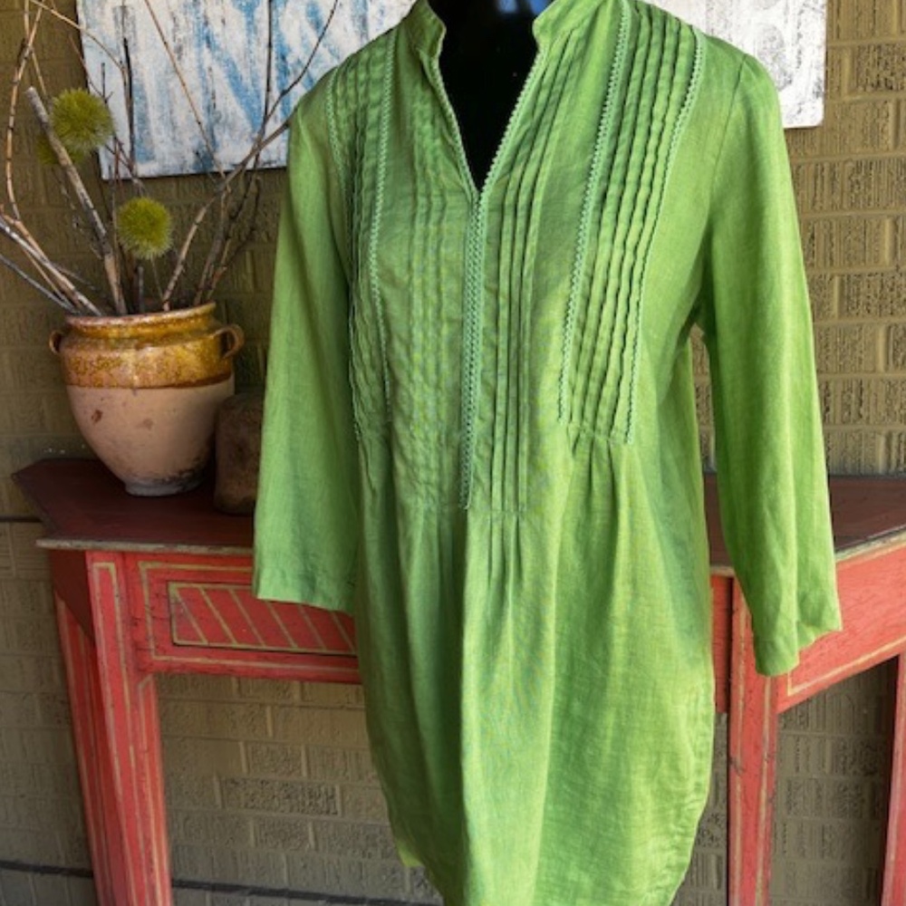 Women's J. Jill - Green Linen - Pintuck - Pleated Dress / Tunic  - Size S
